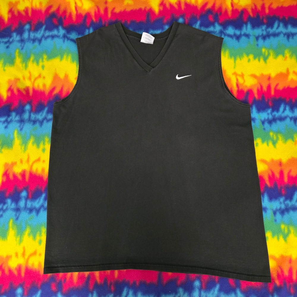 Vintage Nike V-Neck Sleeveless T-Shirt Black Embroidered Swoosh XL Made in USA
